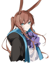 Rule 34 | 1girl, amiya (arknights), animal ear fluff, animal ears, arknights, ascot, bad id, bad pixiv id, black jacket, blue choker, brown hair, choker, closed mouth, cropped torso, hair between eyes, highres, hood, hooded jacket, jacket, jewelry, joshua (shisanli934), long hair, looking at viewer, open clothes, open jacket, ponytail, purple ascot, rabbit ears, shirt, simple background, smile, solo, upper body, white background, white shirt