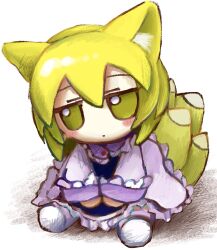 Rule 34 | 1girl, animal ear fluff, animal ears, blonde hair, blue tabard, blush, closed mouth, dot mouth, dress, fox ears, fox tail, frilled dress, frills, full body, fumo (doll), hair between eyes, highres, jitome, long sleeves, looking at viewer, medium hair, multiple tails, no nose, own hands together, sitting, socks, solo, tabard, tail, touhou, v arms, white background, white dress, white socks, yakumo ran, yakumora n, yellow eyes