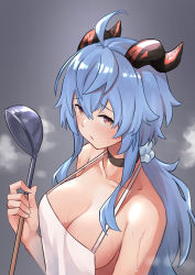 Rule 34 | 1girl, absurdres, ahoge, apron, bare shoulders, bell, black choker, blue hair, blush, bonz (bonz0616), breasts, choker, cleavage, closed mouth, collarbone, commentary, frown, ganyu (genshin impact), genshin impact, goat horns, gradient background, grey background, hair between eyes, highres, holding, horns, large breasts, long hair, looking at viewer, naked apron, ponytail, solo, steam, upper body, white apron