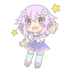 Rule 34 | 1girl, bangle, bracelet, breasts, chibi, choker, d-pad, d-pad hair ornament, dress, hair ornament, hairclip, happy, hood, hoodie, jersey, jersey dress, jewelry, leggings, meruku tea, nepnep connect: chaos chanpuru, neptune (neptunia), neptune (series), open mouth, purple eyes, purple hair, shoes, short hair, simple background, small breasts, thighhighs, thighs, white background
