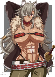 Rule 34 | 1girl, abs, absurdres, ahoge, animal ear fluff, animal ears, arms behind head, arms up, bandeau, belt, black jacket, black panties, breasts, cat ears, cat tail, check commentary, choker, cleavage, collarbone, commentary request, covered erect nipples, cowboy shot, dark-skinned female, dark skin, dated, eyepatch, facial scar, fur-trimmed jacket, fur trim, ghislaine dedoldia, green pants, grey background, groin, hair between eyes, highleg, highleg panties, highres, jacket, large breasts, long hair, long sleeves, looking at viewer, moussaka, mushoku tensei, navel, open belt, open clothes, open jacket, open pants, panties, pants, parted lips, red choker, red eyes, scar, scar on cheek, scar on face, scar on stomach, sheath, sheathed, sidelocks, smile, solo, standing, stomach, sword, tail, tail ornament, tail ring, underboob, underwear, weapon, white background