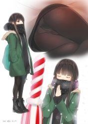 Rule 34 | 10s, 1girl, 2017, ama mitsuki, ass, black hair, black pantyhose, blunt bangs, blush, boots, brown eyes, closed eyes, coat, commentary request, dated, dress, fur trim, gusset, hands in pockets, hatsuyuki (kancolle), kantai collection, long hair, lying, multiple views, on side, own hands clasped, own hands together, panties, panties under pantyhose, pantyhose, polka dot, praying, scarf, simple background, snowing, standing, sweater, sweater dress, underwear, white background, white panties