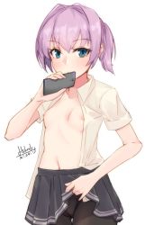 Rule 34 | 1girl, alakoala, bike shorts, blue eyes, blush, breasts, cameltoe, cellphone, clothes lift, dated, highres, holding, holding phone, kantai collection, lifting own clothes, nipples, open clothes, open shirt, phone, pink hair, pleated skirt, ponytail, shiranui (kancolle), shirt, short sleeves, shorts, shorts under skirt, signature, simple background, skirt, skirt lift, small breasts, smartphone, solo, white background, white shirt