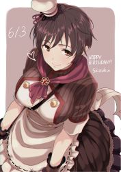Rule 34 | 10s, 1girl, apron, blush, breasts, brown eyes, brown hair, chef hat, dated, happy birthday, hat, heart, idolmaster, idolmaster cinderella girls, idolmaster cinderella girls starlight stage, large breasts, oikawa shizuku, short hair, smile, solo, youhei (testament)