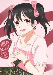 Rule 34 | 1girl, absurdres, artist name, artist request, black hair, blush, bow, breasts, collarbone, faeflan, female focus, flat chest, hair bow, highres, looking at viewer, love live!, love live! school idol festival, love live! school idol project, pants, parted lips, pink bow, pink pants, pink shirt, puffy short sleeves, puffy sleeves, red eyes, shirt, short hair, short sleeves, small breasts, smile, solo, twintails, white legwear, yazawa nico