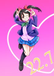 Rule 34 | 1girl, artist name, artist request, black hair, black thighhighs, blazer, blue jacket, blush, bow, bowtie, buttons, cardigan, double w, female focus, full body, hair bow, highres, jacket, krisoyo, long sleeves, looking at viewer, love live!, love live! school idol project, nico nico nii, pink background, pleated skirt, red bow, red eyes, school uniform, shirt, shoes, short hair, short twintails, skirt, smile, solo, standing, standing on one leg, thighhighs, twintails, w, white shirt, yazawa nico, zettai ryouiki