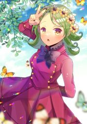 Rule 34 | 1girl, animal, arm up, black bow, blue sky, blurry, blurry foreground, bow, breasts, brown eyes, bug, butterfly, cloud, cloudy sky, commentary request, commission, day, depth of field, dress, flower, green hair, hair flower, hair ornament, insect, kou hiyoyo, long hair, looking at viewer, medium breasts, original, outdoors, parted bangs, parted lips, pleated dress, red dress, skeb commission, sky, solo, v, yellow flower
