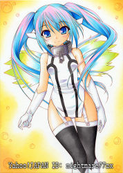 Rule 34 | 1girl, blue eyes, blue hair, blush, chain, collar, garter straps, gloves, long hair, looking at viewer, matching hair/eyes, multicolored hair, nightmare77zx, nymph (sora no otoshimono), pink hair, smile, solo, sora no otoshimono, thighhighs, traditional media, twintails, white gloves, wings