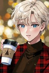 Rule 34 | 1girl, bishoujo senshi sailor moon, blonde hair, blue eyes, brown sweater, christmas, coat, coffee, coffee cup, cup, disposable cup, highres, koharumichi, lips, parted bangs, plaid, plaid coat, red coat, short hair, smile, solo, sweater, ten&#039;ou haruka, turtleneck, turtleneck sweater, very short hair