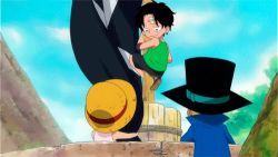 Rule 34 | 3boys, animated, animated gif, brothers, flag, hat, jolly roger, lowres, male focus, monkey d. luffy, multiple boys, one piece, portgas d. ace, sabo (one piece), siblings, straw hat, top hat, tree, tree house, aged down