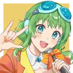 Rule 34 | 1girl, \m/, aqua brooch, aqua eyes, aqua goggles, aqua headphones, blush, book the star, border, bow, brooch, collar, commentary request, detached collar, flipped hair, goggles, goggles on head, green skirt, gumi, gumi (ai megpoid), hands up, headphones, highres, holding, holding microphone, jacket, jewelry, looking at viewer, medium hair, microphone, nail polish, open clothes, open jacket, open mouth, orange background, orange bow, orange jacket, orange nails, outside border, portrait, seikan hikou, sidelocks, skirt, smile, solo, synthesizer v, teeth, upper teeth only, vocaloid, white border, white collar, wing collar