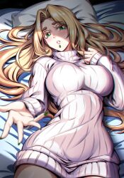 Rule 34 | 1girl, black pantyhose, blonde hair, breasts, chin piercing, commentary, commission, english commentary, fate/grand order, fate (series), green eyes, green nails, highres, large breasts, long hair, long sleeves, looking at viewer, lying, on back, on bed, pantyhose, pillow, quetzalcoatl (fate), ribbed sweater, solo, sweater, turtleneck, turtleneck sweater, white sweater, zantyarz