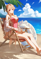 Rule 34 | 1girl, azur lane, beach, blonde hair, casual one-piece swimsuit, chair, cross-laced clothes, cross-laced one-piece swimsuit, folding chair, highleg, highleg swimsuit, highres, innertube, long hair, long sleeves, looking at viewer, official alternate costume, one-piece swimsuit, palm tree, purple eyes, qingjian, richelieu (azur lane), richelieu (fleuron of the waves) (azur lane), see-through, see-through sleeves, swim ring, swimsuit, tree