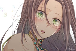 Rule 34 | 1girl, arc the lad, arc the lad ii, bare shoulders, brown hair, commentary request, crying, crying with eyes open, dark skin, dark-skinned female, green eyes, izumi kouyou, jewelry, long hair, looking at viewer, necklace, open mouth, sania (arc the lad), simple background, solo, tears