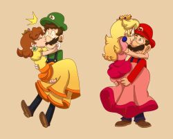 Rule 34 | 2boys, 2girls, ass grab, blush, breasts, brooch, brown hair, carrying, carrying person, crown, dress, earrings, face-to-face, facial hair, flower earrings, gloves, grin, hat, highres, hug, jewelry, kiss, lipstick, long hair, looking at another, luigi, makeup, mario, mario (series), multiple boys, multiple girls, mustache, nintendo, orange dress, overalls, pink dress, princess carry, princess daisy, princess peach, puffy short sleeves, puffy sleeves, short sleeves, smile, tomboy