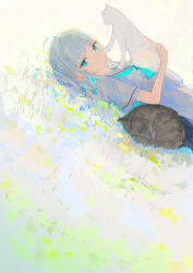 Rule 34 | 1girl, absurdres, ahoge, animal, aqua neckerchief, black cat, blue eyes, blunt bangs, cat, day, dress, dutch angle, from side, grass, grey dress, grey hair, grey sailor collar, highres, ichika (ichika87), long hair, looking at viewer, looking to the side, lying, making-of available, neckerchief, on back, on grass, on ground, original, outdoors, sailor collar, sailor dress, short sleeves, solo, upper body, white cat