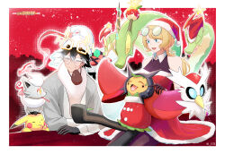 Rule 34 | 1boy, 1girl, aged up, ash ketchum, bare shoulders, black hair, blonde hair, border, candy, candy cane, closed eyes, closed mouth, commentary, creatures (company), eyewear on head, food, game freak, gen 1 pokemon, glasses, gloves, hat, highres, hisuian zorua, hydrapple, jcstr, long hair, nintendo, ogerpon, on lap, pikachu, pokemon, pokemon (anime), pokemon (creature), pokemon on lap, red headwear, round eyewear, santa hat, serena (pokemon), short hair, sitting, smile, white border