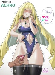 Rule 34 | 1girl, achromaru, blonde hair, blush, breasts, choker, cleavage, clothing cutout, covered erect nipples, cowboy shot, creatures (company), cutting, disembodied hand, english text, frown, game freak, green nails, groin, impossible clothes, jewelry, large breasts, long hair, looking down, lusamine (pokemon), mature female, nail polish, navel, navel cutout, necklace, nintendo, one-piece swimsuit, pokemon, pokemon sm, scissors, shaded face, speech bubble, swimsuit, thigh gap, thighhighs, torn clothes, torn swimsuit, torn thighhighs, twitter strip game (meme), uncensored, very long hair
