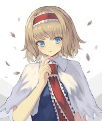 Rule 34 | 1girl, alice margatroid, blonde hair, blue dress, blue eyes, breasts, capelet, commentary request, dress, finger to own chin, hairband, light blush, light smile, looking at viewer, medium breasts, ookashippo, petals, red neckwear, short hair, simple background, solo, touhou, white background, white capelet
