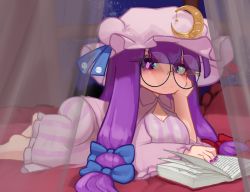 Rule 34 | 1girl, :/, barefoot, bespectacled, blue bow, blunt bangs, blush, book, bow, breasts, bun cover, cleavage, closed mouth, commentary request, crescent, crescent hat ornament, curtains, double bun, dress, full body, glasses, hair bow, hair bun, hat, hat ornament, head rest, highres, large breasts, long hair, long sleeves, looking at viewer, mob cap, open book, patchouli knowledge, pink dress, pink hat, purple eyes, purple hair, red bow, round eyewear, solo, striped clothes, striped dress, touhou, vertical-striped clothes, vertical-striped dress, very long hair, wide sleeves, zakozako y