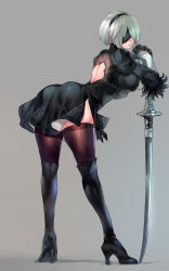 Rule 34 | 1girl, ass, bang (gesture), bent over, black dress, black footwear, black thighhighs, blindfold, boots, breasts, commentary request, dress, feather trim, finger gun, from side, gloves, gradient background, grey background, hairband, high heel boots, high heels, highres, large breasts, long sleeves, looking back, mole, mole under mouth, negresco, nier (series), nier:automata, planted, planted sword, planted weapon, puffy sleeves, short hair, simple background, skindentation, solo, sword, thigh boots, thighhighs, thighhighs under boots, weapon, white hair, 2b (nier:automata)