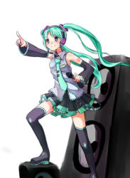 Rule 34 | 1girl, boots, detached sleeves, green hair, hatsune miku, headset, highres, long hair, microphone, necktie, pointing, sekira ame, skirt, smile, sokuseki ramen, solo, speaker, thigh boots, thighhighs, twintails, very long hair, vocaloid, white background