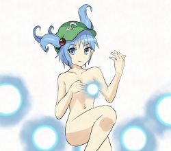 Rule 34 | 1girl, anahita, arm up, bad id, bad twitter id, blue eyes, blue hair, convenient censoring, convenient danmaku, covering breasts, covering privates, danmaku, glowing, green hat, hair ornament, hat, highres, kawashiro nitori, looking at viewer, navel, nude, parody, ritekkun, shin megami tensei, shin megami tensei: deep strange journey, shin megami tensei: strange journey, simple background, solo, standing, standing on one leg, thighs, touhou, twintails, two side up, white background