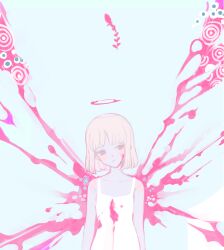 Rule 34 | 1girl, 7wata himori, blonde hair, blood, blood on clothes, blood splatter, blood wings, brown eyes, closed mouth, dress, fate/prototype, fate/prototype: fragments of blue and silver, fate (series), halo, head tilt, highres, pastel colors, sajou manaka, short hair, simple background, solo, upper body, white background, white dress