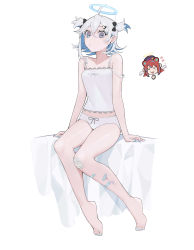 Rule 34 | 1girl, absurdres, ahoge, bandaid, bandaid on knee, bandaid on leg, bare shoulders, barefoot, bra, breasts, bruise, bs0, camisole, character request, chibi, chibi inset, closed mouth, colored inner hair, cuts, earrings, full body, grey eyes, grey hair, halo, highres, injury, jewelry, looking at viewer, multicolored hair, nijisanji, panties, short hair, simple background, sitting, small breasts, strap slip, stud earrings, two side up, underwear, virtual youtuber, virtuareal, white background, white bra, white panties, yua (virtuareal)
