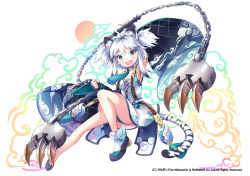 Rule 34 | 1girl, animal ears, aqua panties, armpits, bad id, bad pixiv id, chain, claw (weapon), claws, detached sleeves, fang, gauntlets, grey eyes, japanese clothes, kimono, long sleeves, looking at viewer, mechanical parts, nyanya, open mouth, original, panties, pantyshot, silver hair, smile, solo, standing, tail, tiger ears, tiger tail, two side up, underwear, upskirt, weapon, wide sleeves