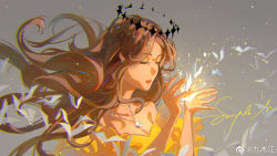 Rule 34 | 1girl, angel, bernadette gustav, breasts, brown hair, chinese commentary, cleavage, closed eyes, commentary request, crown, dress, grey background, hands up, highres, jewelry, lips, lipstick, long hair, lord of the mysteries, makeup, medium breasts, necklace, origami, paper crane, parted lips, sample watermark, solo, teeth, tongue, watermark, weibo 6496382141, weibo logo, yellow dress