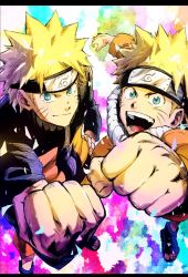 Rule 34 | 2boys, barefoot sandals (jewelry), blonde hair, blue eyes, clenched hand, dual persona, facial mark, forehead protector, from above, hand on own hip, highres, letterboxed, looking at viewer, male focus, multiple boys, naruto (series), naruto shippuuden, open mouth, sandals, smile, uzumaki naruto, whisker markings, yozudami