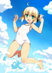 Rule 34 | 1girl, ahoge, alternate costume, armpits, artoria pendragon (all), artoria pendragon (fate), blonde hair, blue sky, character name, cloud, commentary request, competition school swimsuit, day, fate/stay night, fate/unlimited codes, fate (series), full body, green eyes, hair between eyes, jumping, looking at viewer, name tag, namonashi, one-piece swimsuit, outdoors, saber (fate), saber lily, school swimsuit, short hair, sky, solo, splashing, swimsuit, water, white school swimsuit, white one-piece swimsuit, aged down