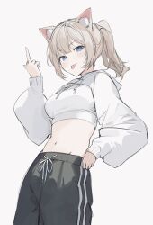 Rule 34 | 1girl, :p, animal ears, black pants, blue eyes, blush, breasts, character request, commentary, copyright request, cowboy shot, crop top, drawstring, grey background, hand up, highres, hood, hoodie, light brown hair, long hair, long sleeves, looking at viewer, medium breasts, middle finger, midriff, navel, pants, ponytail, simple background, solo, soybean (hisoybean), standing, stomach, tongue, tongue out, white hoodie