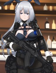 Rule 34 | 1girl, absurdres, ak-15, ak-15 (girls&#039; frontline), ammunition pouch, animal ears, assault rifle, bar (place), black pantyhose, blue necktie, braid, breasts, closed mouth, commentary, cuff links, defy (girls&#039; frontline), detached collar, english commentary, fake animal ears, girls&#039; frontline, gloves, grey hair, gun, highres, holding, holding weapon, kalashnikov rifle, large breasts, leotard, long hair, long sleeves, msa major, necktie, nontraditional playboy bunny, optical sight, pantyhose, playboy bunny, pouch, purple eyes, rabbit ears, radio antenna, solo, standing, tactical playboy bunny, tape, trigger discipline, weapon