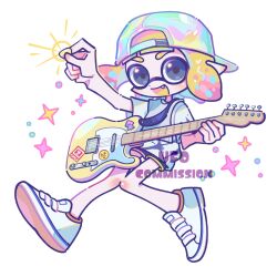 Rule 34 | 1girl, baseball cap, blonde hair, commentary request, commission, dot nose, fang, full body, grey eyes, guitar, hat, highres, holding, holding guitar, holding instrument, holding plectrum, inkling, inkling girl, inkling player character, instrument, korean commentary, medium hair, nintendo, open mouth, plectrum, pointy ears, shoes, simple background, smile, solo, sparkle, splatoon (series), sticker, tentacle hair, ufo sw, watermark, white background, white footwear
