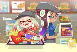 Rule 34 | + +, 2girls, artist name, cash register, cephalopod eyes, closed mouth, crossover, dark-skinned female, dark skin, employee uniform, fangs, food, french fries, gradient hair, green eyes, hat, highres, holding, holding tray, indoors, inkling, lesuna, long hair, looking at viewer, marina (splatoon), mcdonald&#039;s, mole, mole under mouth, multicolored hair, multiple girls, nintendo, octoling, open mouth, outstretched arms, pearl (splatoon), purple hair, red hair, shirt, short hair, short sleeves, smile, splatoon (series), splatoon 2, standing, suction cups, tentacle hair, tray, uniform, upper body, waitress, white hair, yellow eyes