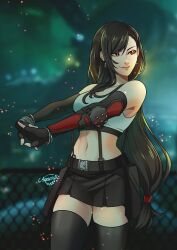 Rule 34 | 1girl, aquaxtic, artist name, bare shoulders, black bra, black gloves, black hair, black skirt, black thighhighs, blurry, blurry background, bra, breasts, chain-link fence, closed mouth, cowboy shot, crop top, dangle earrings, earrings, elbow gloves, elbow pads, fence, final fantasy, final fantasy vii, final fantasy vii remake, fingerless gloves, gloves, hair tie, highres, jewelry, long hair, looking to the side, low-tied long hair, medium breasts, midriff, miniskirt, navel, own hands together, pleated skirt, red eyes, shirt, single elbow pad, skirt, sleeveless, sleeveless shirt, smile, solo, sports bra, stretching, suspenders, swept bangs, thighhighs, tifa lockhart, underwear, white shirt, zettai ryouiki
