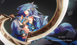 Rule 34 | 1girl, blue hair, breasts, caang yue xue feeng, character name, copyright name, dana (ys), dual wielding, falcom, green eyes, hair ornament, hair over one eye, highres, holding, holding sword, holding weapon, long hair, medium breasts, parted lips, solo, sword, tattoo, very long hair, weapon, ys, ys viii lacrimosa of dana