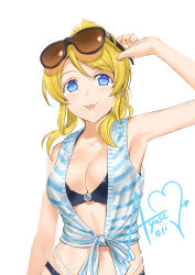 Rule 34 | 10s, 1girl, :p, arm at side, armpits, ayase eli, bikini, bikini under clothes, blonde hair, blue eyes, blush, breasts, character name, cleavage, cowboy shot, eyewear on head, highres, jyon, love live!, love live! school idol festival, love live! school idol project, medium breasts, shirt, simple background, skindentation, solo, sunglasses, swimsuit, swimsuit under clothes, tied shirt, tongue, tongue out, white background