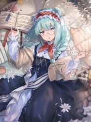 Rule 34 | 1girl, animal ears, arknights, bear ears, blue dress, blue eyes, blue hair, book, braid, chess piece, chessboard, commentary request, dress, from above, hairband, hand up, happitan no kona, highres, holding, holding book, istina (arknights), istina (bibliosmia) (arknights), lolita hairband, long hair, long sleeves, looking at viewer, lying, monocle, neckerchief, official alternate costume, on back, on bed, open book, pillow, red neckerchief, semi-rimless eyewear, solo, twin braids