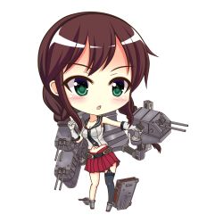 Rule 34 | 10s, 1girl, asymmetrical legwear, braid, brown hair, chibi, collarbone, gloves, green eyes, highres, kantai collection, long hair, looking at viewer, low twintails, machinery, navel, noshiro (kancolle), pleated skirt, school uniform, serafuku, simple background, skirt, solo, turret, twin braids, twintails, uneven legwear, white background, white gloves, yoshino yamato