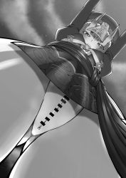 Rule 34 | 1girl, bar censor, bob cut, censored, cleft of venus, eyeliner, fate/grand order, fate (series), from below, greyscale, hat, highres, horns, jiangshi, makeup, monochrome, oni, outstretched arms, pussy, qingdai guanmao, short eyebrows, short hair, shuten douji (fate), skin-covered horns, solo, standing, tatsumaki udon, zombie pose
