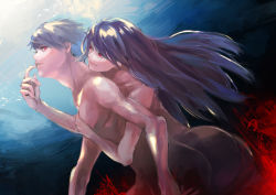 Rule 34 | 1boy, 1girl, absurdres, ass, black background, blue background, commentary request, from side, gradient background, grey hair, hand up, highres, hug, kamishiro rize, kaneki ken, kyuuba melo, long hair, looking at another, looking back, nude, red background, red eyes, shiny skin, smile, tokyo ghoul
