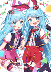 Rule 34 | 2girls, animal ears, blue eyes, blue hair, hair ribbon, highres, kinakon, long hair, looking at viewer, multiple girls, near (sound voltex), noah (sound voltex), open mouth, rabbit ears, ribbon, siblings, sisters, smile, sound voltex, thick eyebrows, twins, very long hair