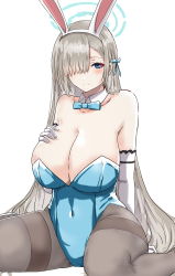 Rule 34 | 1girl, absurdres, animal ears, asuna (blue archive), asuna (bunny) (blue archive), bare shoulders, blue archive, blue eyes, blue leotard, blush, breasts, cleavage, detached collar, ekaki kukuma, elbow gloves, fake animal ears, gloves, hair over one eye, highleg, highleg leotard, highres, large breasts, leotard, light brown hair, long hair, looking at viewer, mole, mole on breast, pantyhose, playboy bunny, rabbit ears, sitting, smile, solo, thighs, wariza, white gloves