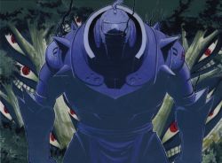 Rule 34 | 1boy, absurdres, alphonse elric, apron, arakawa hiromu, armor, arms at sides, branch, bush, clenched teeth, creature, darkness, evil grin, evil smile, fighting stance, flamel symbol, forest, full armor, fullmetal alchemist, glowing, glowing eye, grey outline, grin, helmet, highres, looking at viewer, male focus, nature, outline, possessed, pride (fma), red eyes, scrape, shadow, shoulder spikes, shoulder tattoo, slit pupils, smile, spiked helmet, spikes, tattoo, teeth, tree, white apron