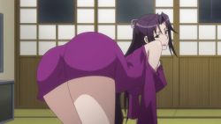 Rule 34 | 1girl, animated, animated gif, ass, ass shake, bent over, black hair, breasts, dress, hip focus, huge ass, kazehana, large breasts, long hair, looking at viewer, looking back, purple dress, sekirei, solo, thick thighs, thighs, wide hips