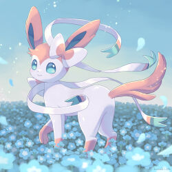 Rule 34 | blue flower, blurry, closed mouth, commentary request, creatures (company), falling petals, field, flower, flower field, game freak, gen 6 pokemon, green eyes, highres, ibusaki (ivu), looking at viewer, nintendo, petals, pokemon, smile, standing, sylveon, watermark