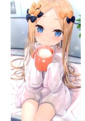 Rule 34 | 1girl, abigail williams (fate), absurdres, alternate costume, black bow, blonde hair, blue eyes, blurry, blurry background, blush, borrowed clothes, bow, closed mouth, collared shirt, cup, depth of field, dress shirt, dutch angle, fate/grand order, fate (series), forehead, hair bow, highres, holding, holding cup, indoors, leaf, lips, long hair, long sleeves, looking at viewer, milk, mug, naked shirt, no headwear, non-web source, orange bow, parted bangs, plant, polka dot, polka dot bow, print mug, scan, shirt, signature, sitting, sleeves past fingers, sleeves past wrists, smile, solo, very long hair, white shirt, yano mitsuki (nanairo)